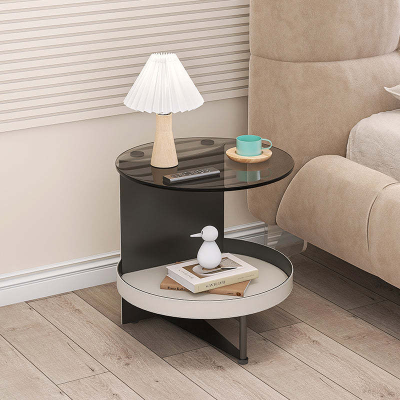Nordic Iron Glass Leather 2-Tier End Table — Orange