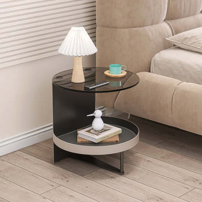 Nordic Iron Glass Leather 2-Tier End Table — Gray