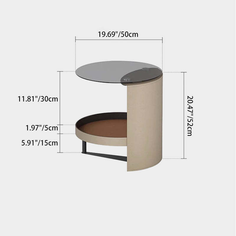 Nordic Iron Glass Leather 2-Tier End Table — Beige