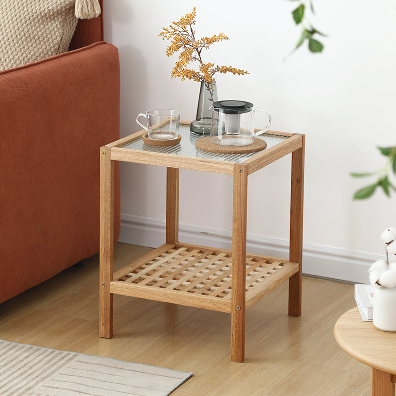 Japanese Wood Glass 2-Tier End Table