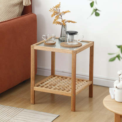 Japanese Wood Glass 2-Tier End Table — Wood Color