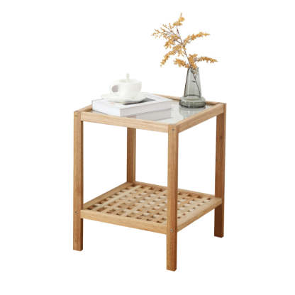 Japanese Wood Glass 2-Tier End Table