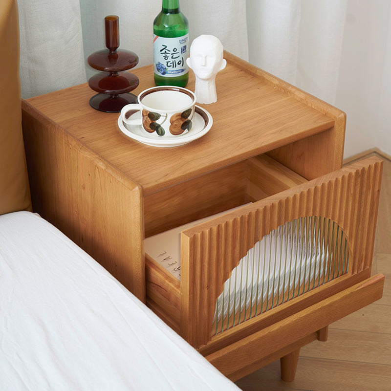 Japanese Wood Glass 1-Drawer End Table