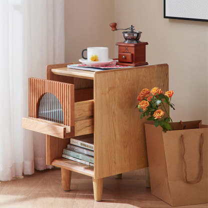Japanese Wood Glass 1-Drawer End Table