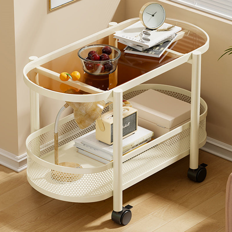 Nordic Oval Iron Glass 2-Tier End Table — White & Tea Color