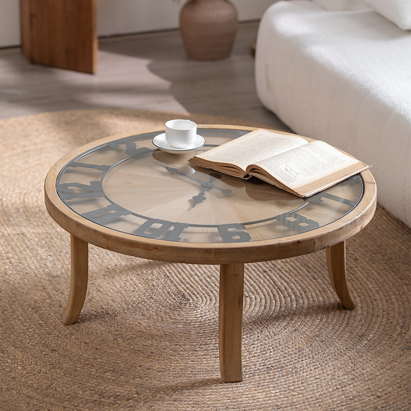 Rustic Round Wood Iron Glass Coffee Table