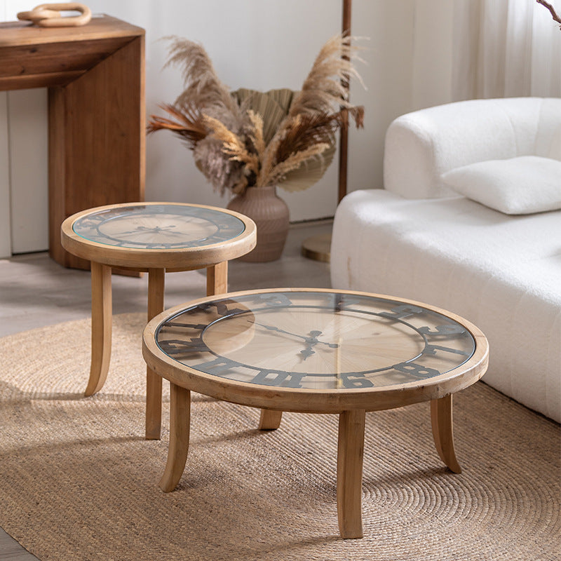 Rustic Round Wood Iron Glass Coffee Table