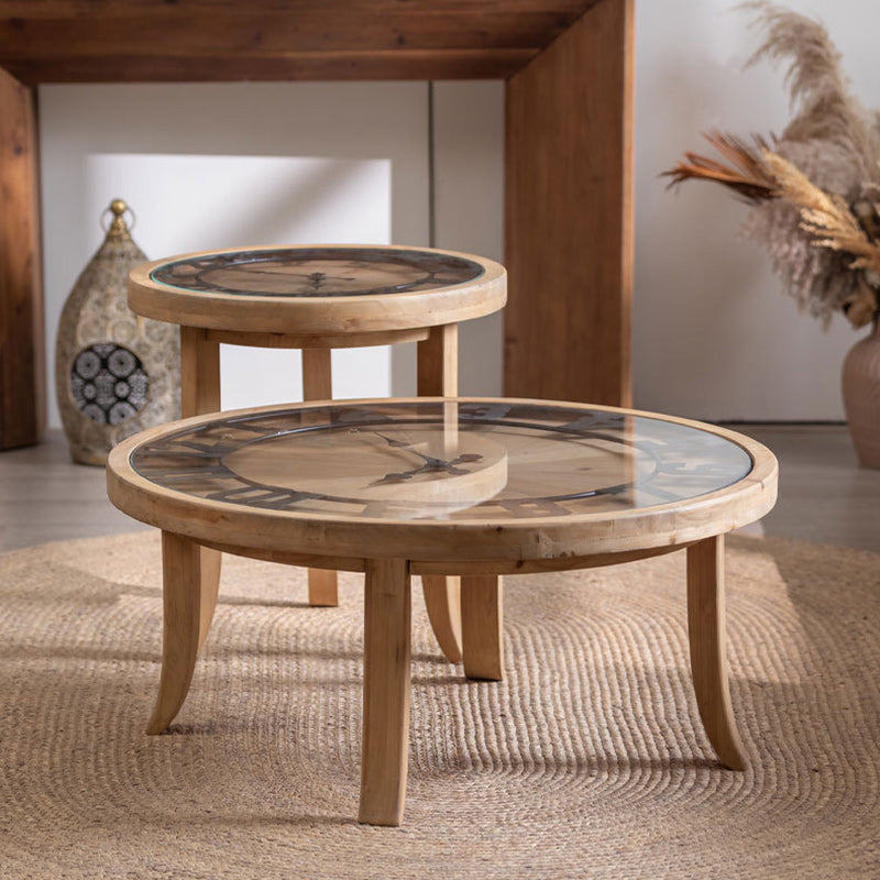 Rustic Round Wood Iron Glass Coffee Table