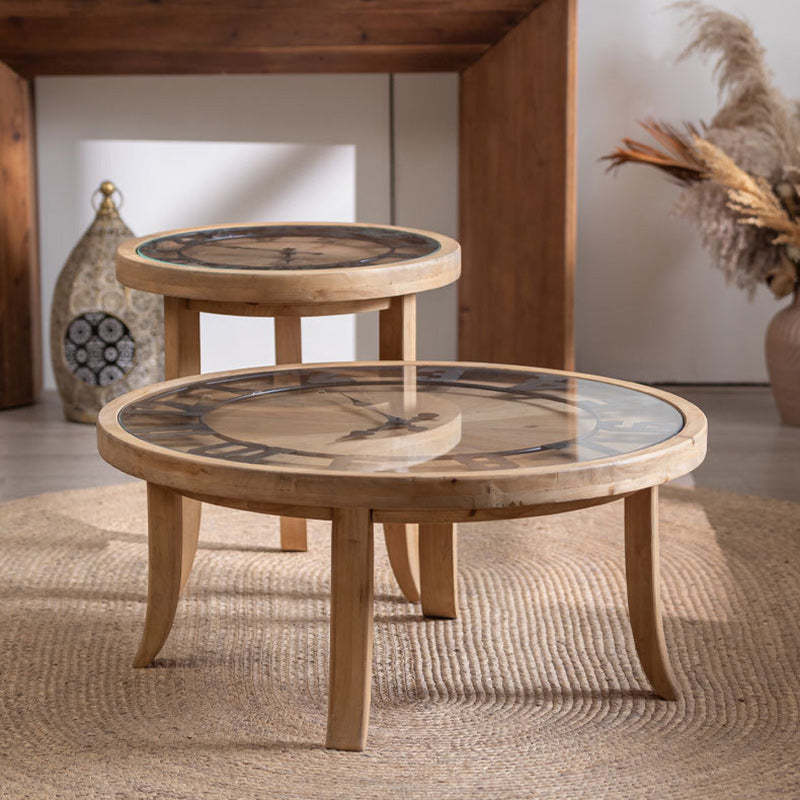 Rustic Round Wood Iron Glass Coffee Table