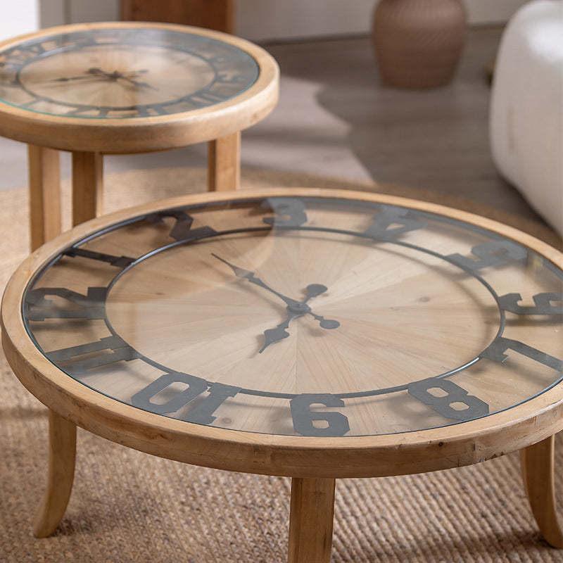 Rustic Round Wood Iron Glass Coffee Table — Wood Color