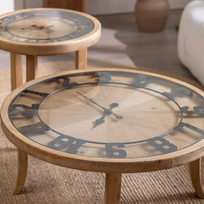 Rustic Round Wood Iron Glass Coffee Table — Wood Color