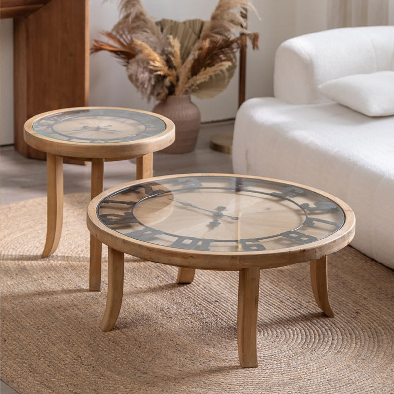 Rustic Round Wood Iron Glass Coffee Table