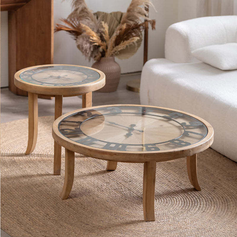 Rustic Round Wood Iron Glass Coffee Table