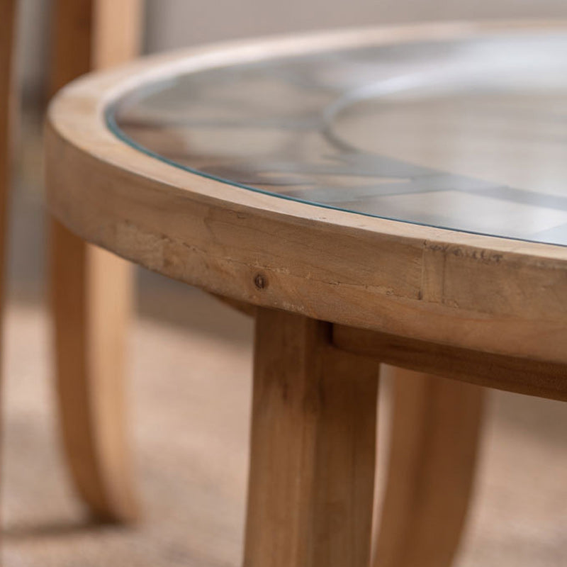 Rustic Round Wood Iron Glass Coffee Table