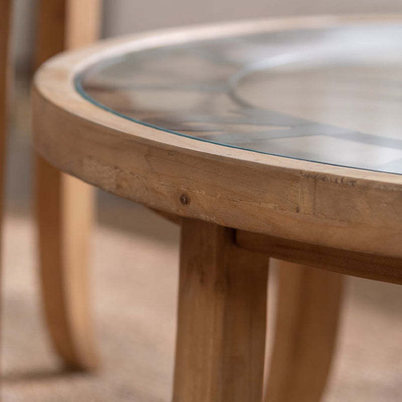 Rustic Round Wood Iron Glass Coffee Table