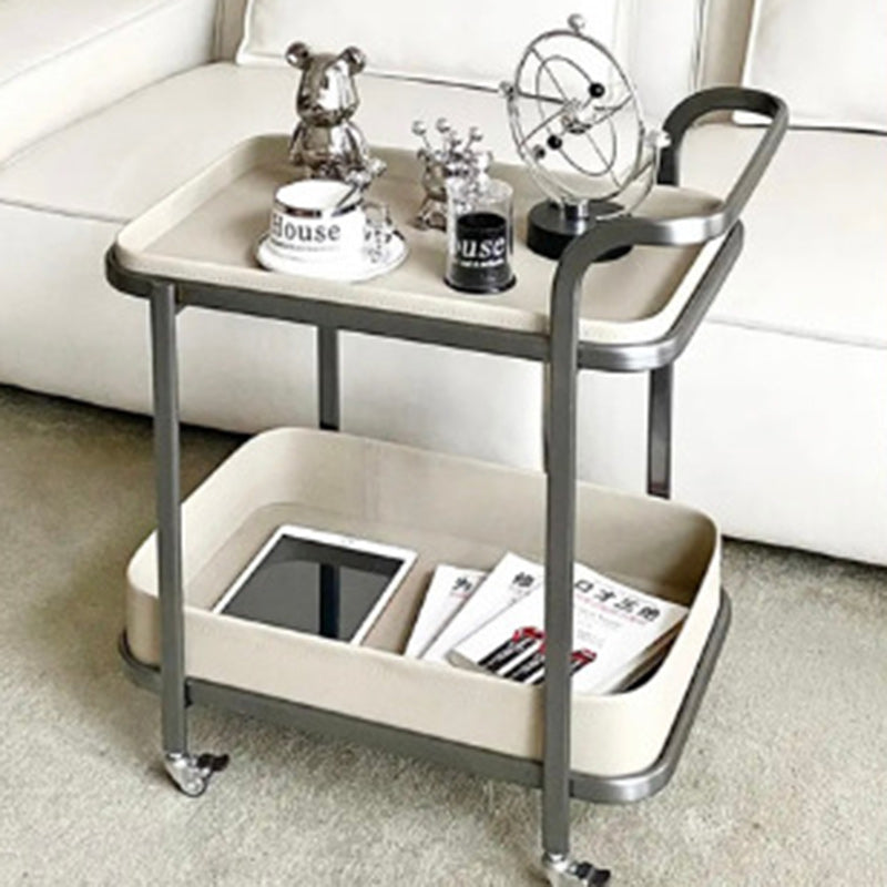 Contemporary Saddle Leather End Table 2-Tier — Khaki Color & Brown