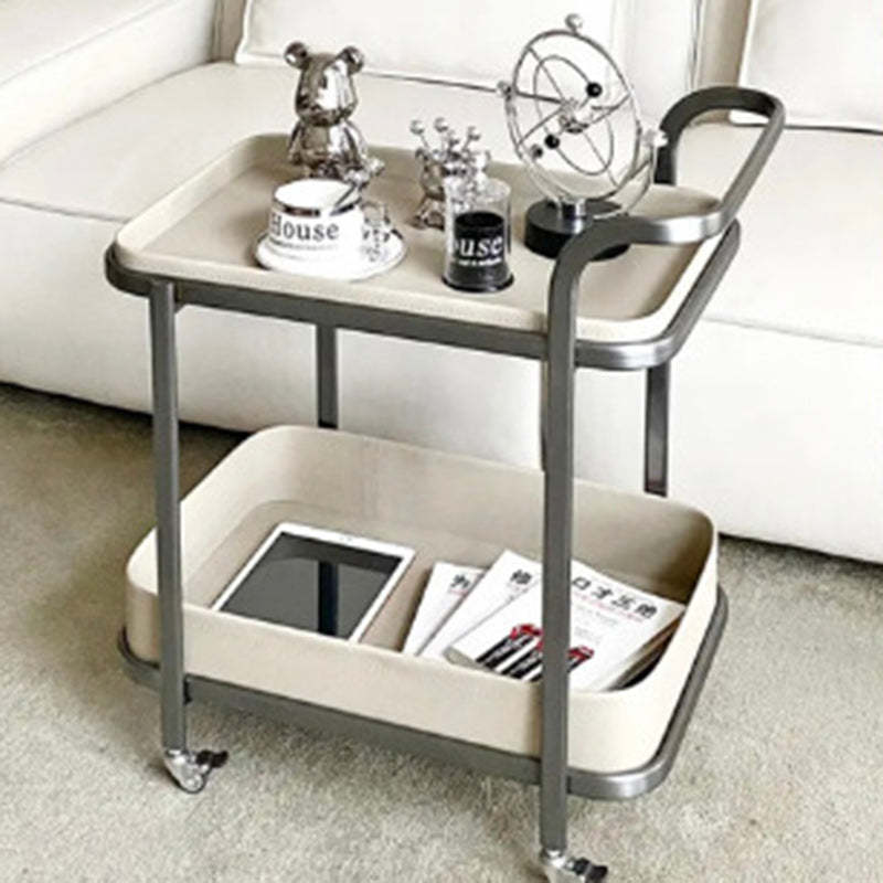 Contemporary Saddle Leather End Table 2-Tier — Khaki Color & Brown