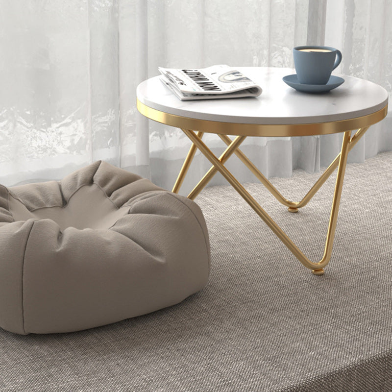 Luxury Round Rock Slab Iron Coffee Table — White & Gold