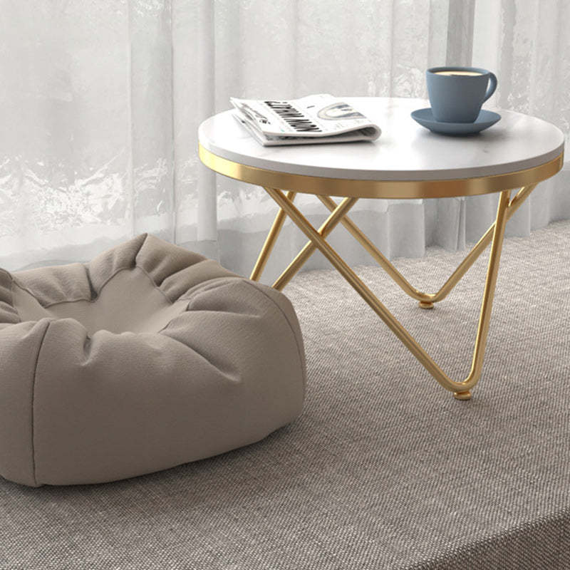 Luxury Round Rock Slab Iron Coffee Table — White & Gold