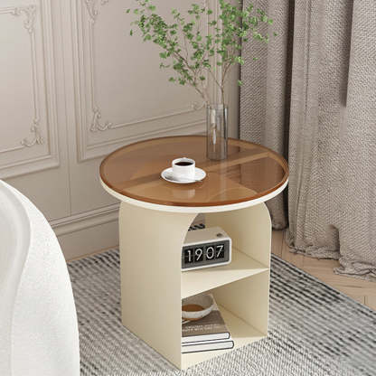 Minimalist Tempered Glass Iron 3-Tier End Table — Tempered Glass / Cream White