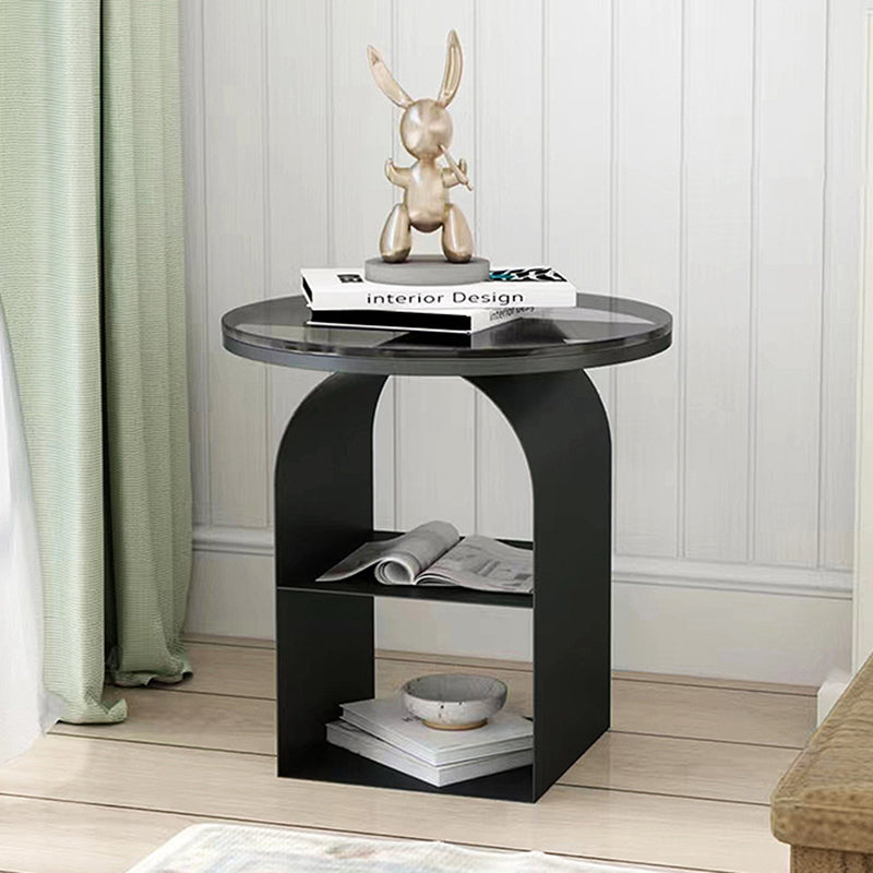 Minimalist Tempered Glass Iron 3-Tier End Table — Rock Slab / Black