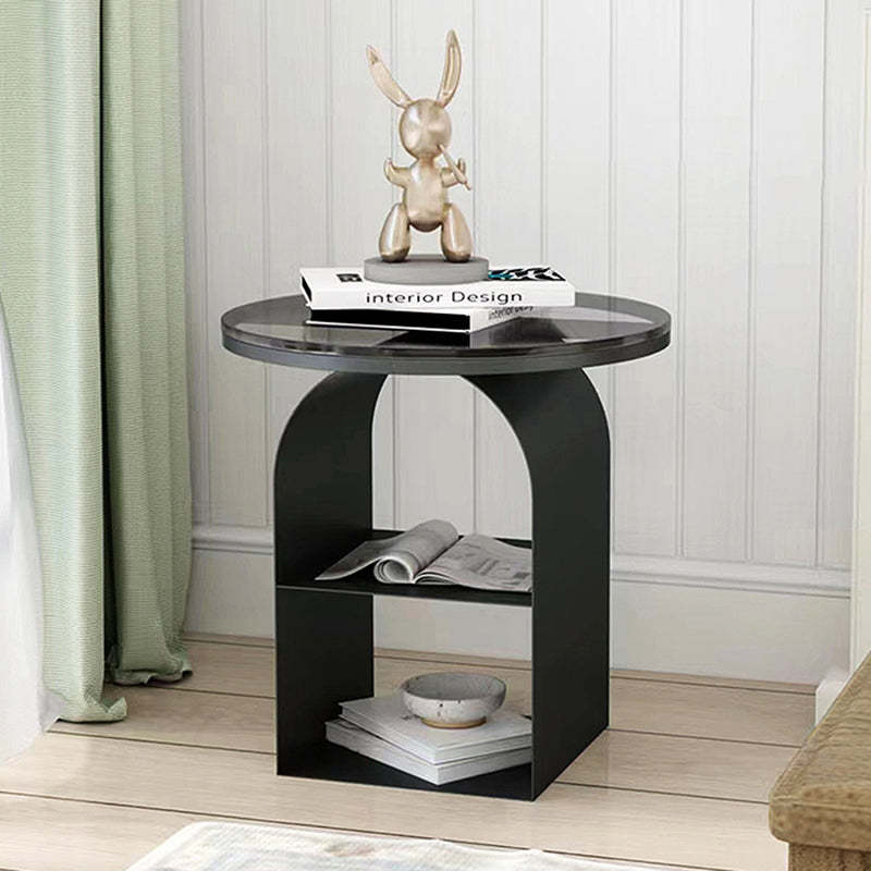 Minimalist Tempered Glass Iron 3-Tier End Table — Rock Slab / Black