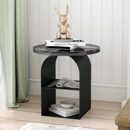Minimalist Tempered Glass Iron 3-Tier End Table — Rock Slab / Black