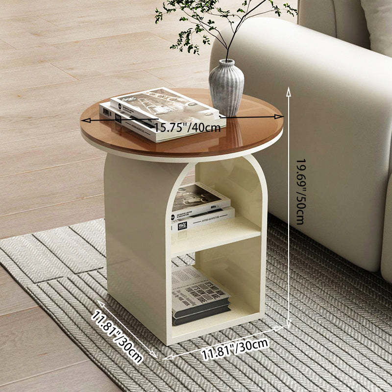 Minimalist Tempered Glass Iron 3-Tier End Table — Wood / Cream White