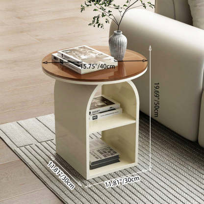 Minimalist Tempered Glass Iron 3-Tier End Table — Wood / Cream White