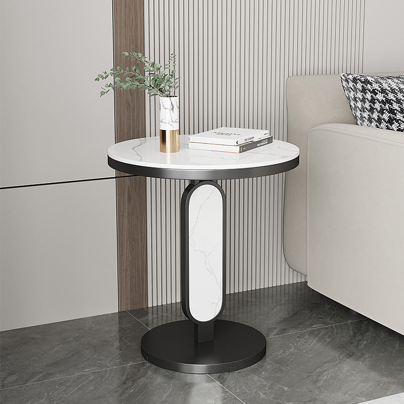 Luxury Round Rock Slab Steel Coffee Table — Black