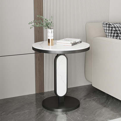Luxury Round Rock Slab Steel Coffee Table — Black