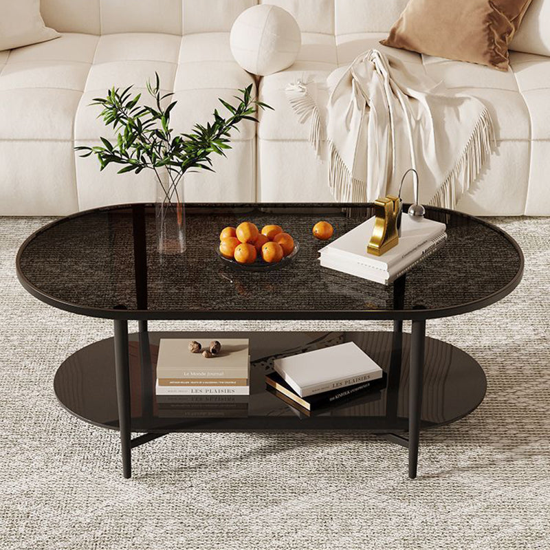 Vintage Oval Tempered Glass Steel Coffee Table 2-Tier