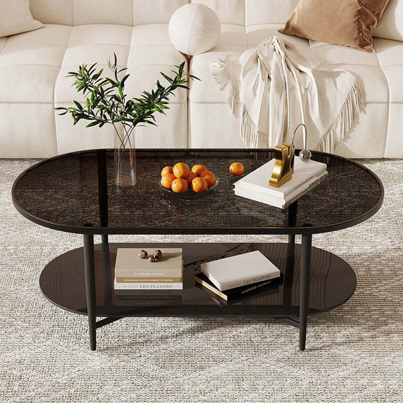 Vintage Oval Tempered Glass Steel Coffee Table 2-Tier
