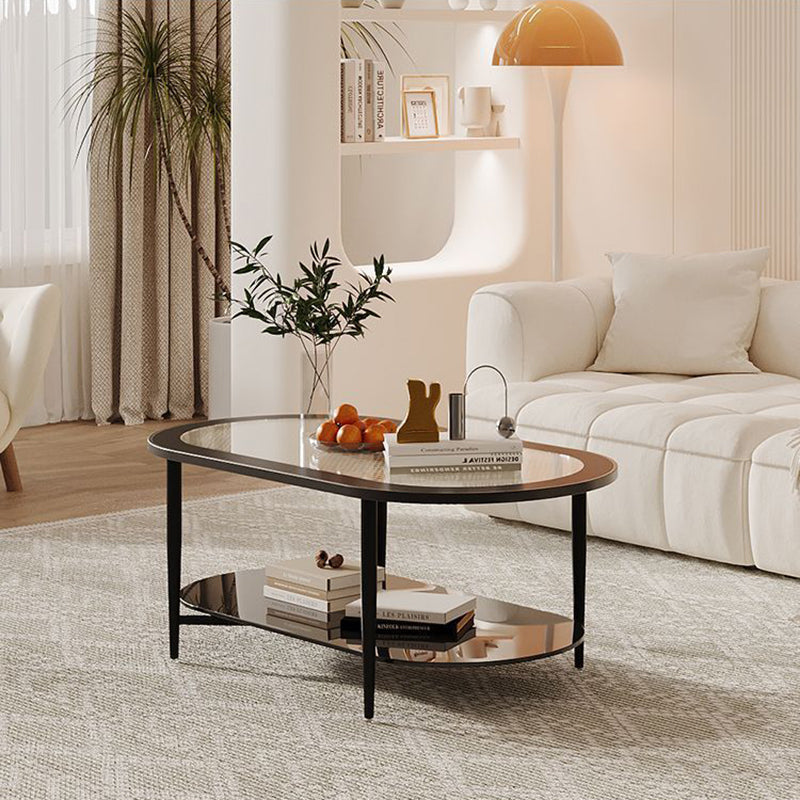 Vintage Oval Tempered Glass Steel Coffee Table 2-Tier