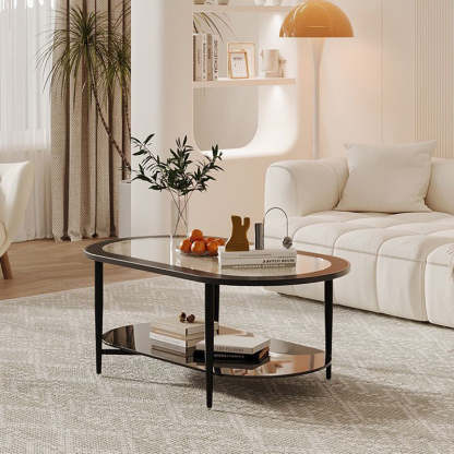 Vintage Oval Tempered Glass Steel Coffee Table 2-Tier