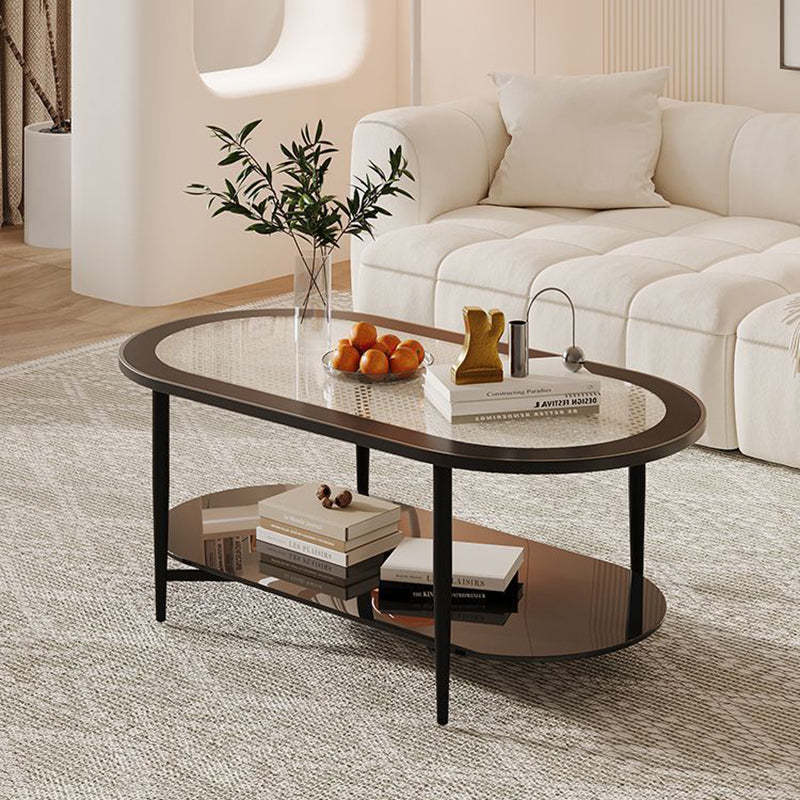 Vintage Oval Tempered Glass Steel Coffee Table 2-Tier