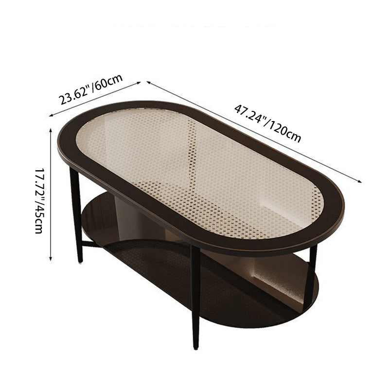 Vintage Oval Tempered Glass Steel Coffee Table 2-Tier