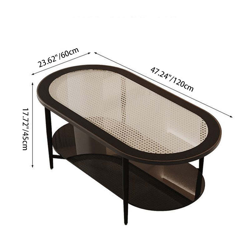 Vintage Oval Tempered Glass Steel Coffee Table 2-Tier