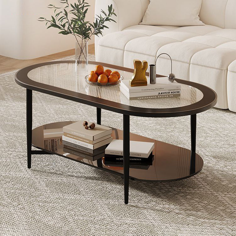 Vintage Oval Tempered Glass Steel Coffee Table 2-Tier