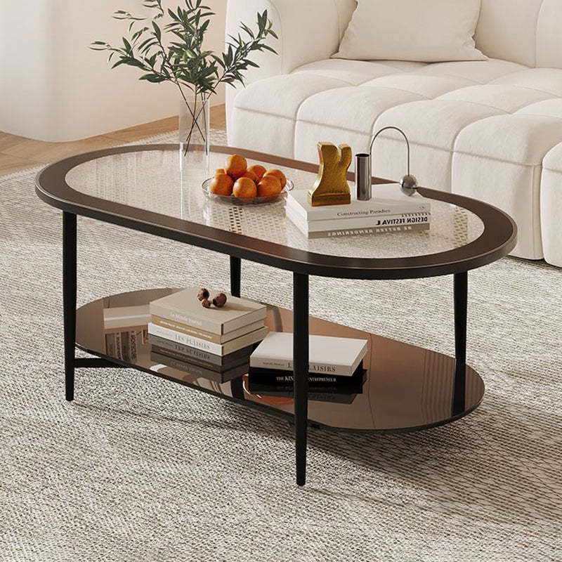 Vintage Oval Tempered Glass Steel Coffee Table 2-Tier