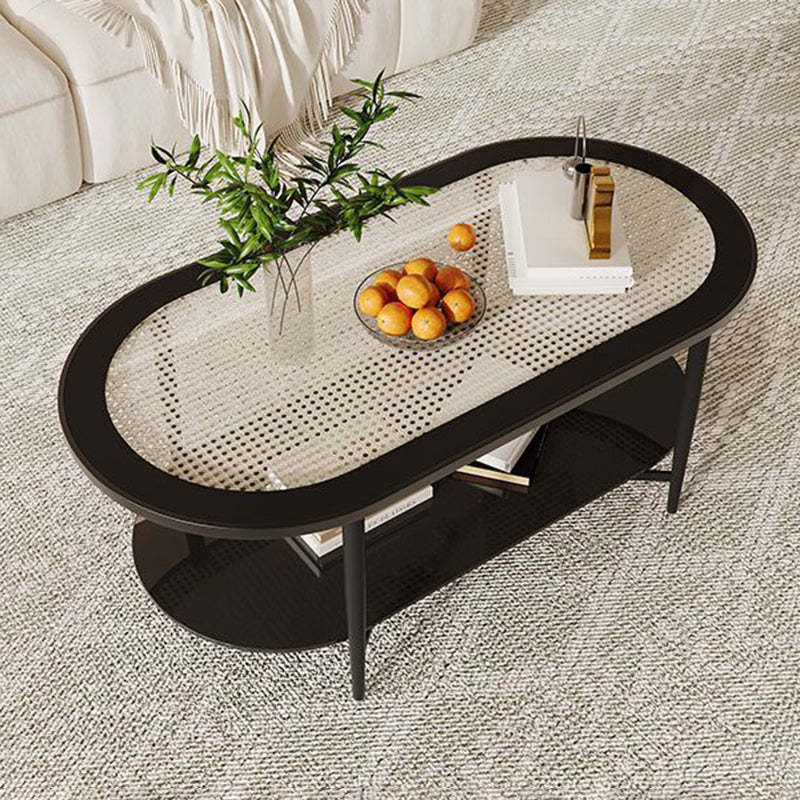 Vintage Oval Tempered Glass Steel Coffee Table 2-Tier