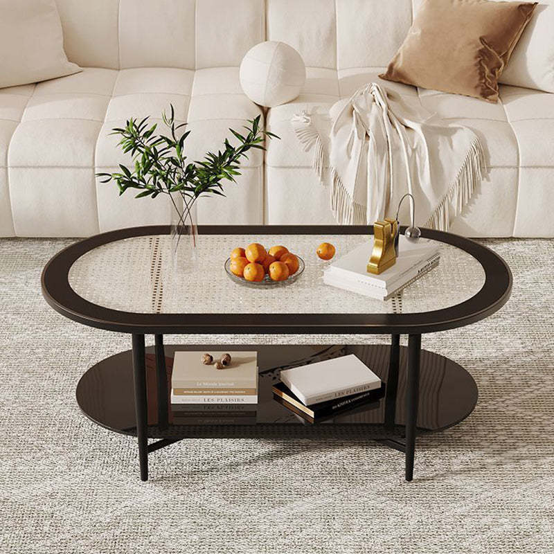 Vintage Oval Tempered Glass Steel Coffee Table 2-Tier