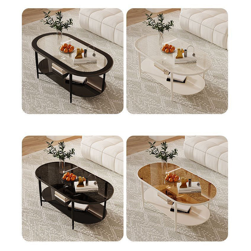 Vintage Oval Tempered Glass Steel Coffee Table 2-Tier