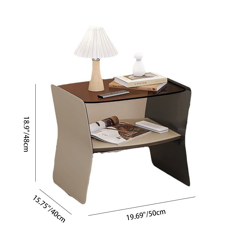 Modern Glass Stainless Steel Saddle Leather 2-Tier End Table — Burnt Orange