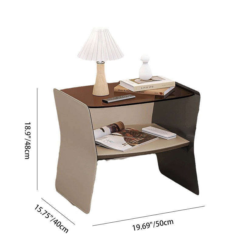 Modern Glass Stainless Steel Saddle Leather 2-Tier End Table — Burnt Orange