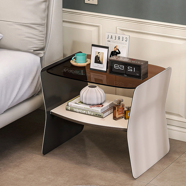 Modern Glass Stainless Steel Saddle Leather 2-Tier End Table