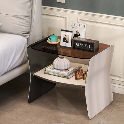 Modern Glass Stainless Steel Saddle Leather 2-Tier End Table
