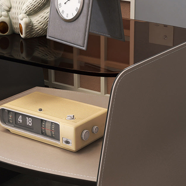 Modern Glass Stainless Steel Saddle Leather 2-Tier End Table — Twilight Orange