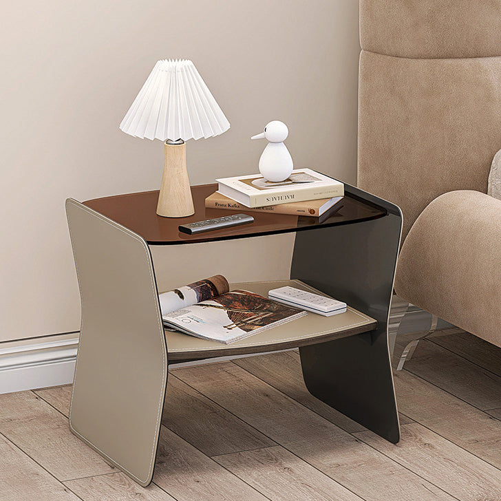 Modern Glass Stainless Steel Saddle Leather 2-Tier End Table