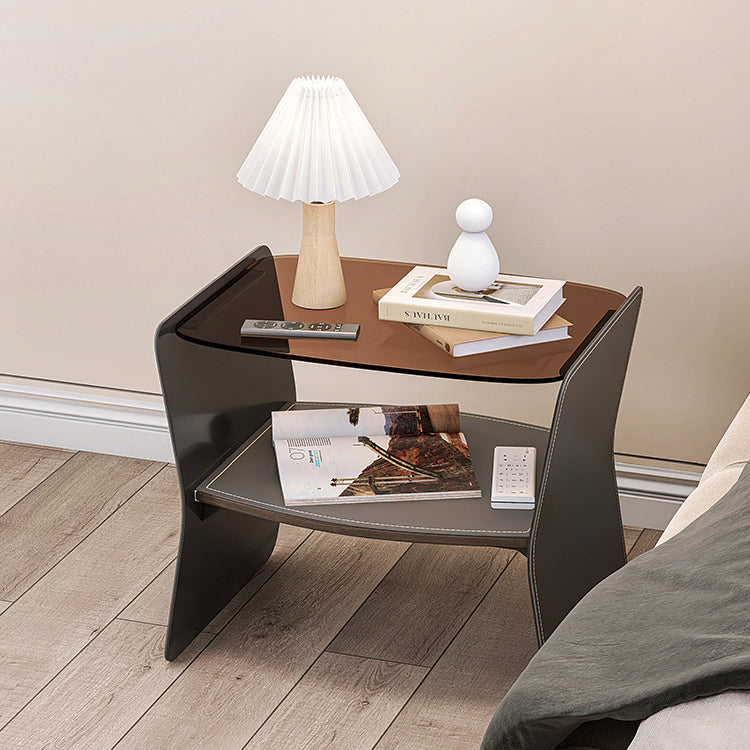 Modern Glass Stainless Steel Saddle Leather 2-Tier End Table